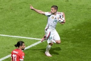 Euro 2024: Selebrasi gol pemain Hungaria, Barnabas Varga, di laga Hungaria vs Swiss pada matchday 1 Grup A