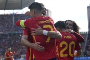 Skuat Timnas Spanyol merayakan gol Alvaro Morata ke gawang Kroasia pada ajang Euro 2024, Sabtu (15/6/2024)