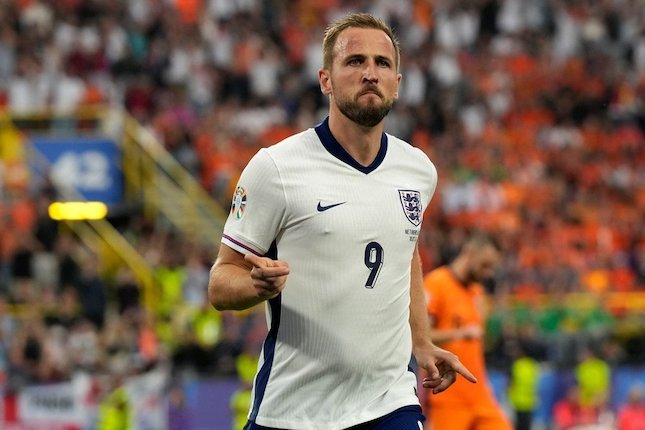 Selebrasi Harry Kane dalam laga Belanda vs Inggris di semifinal Euro 2024, Kamis (11/7/2024).